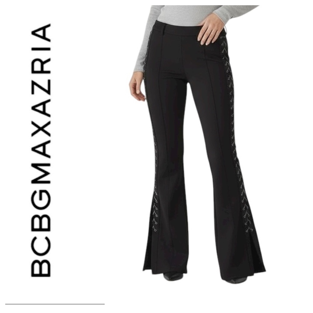 BCBGMAXAZRIA BLACK SIDE LACE UP SIDE FLARE PANTS